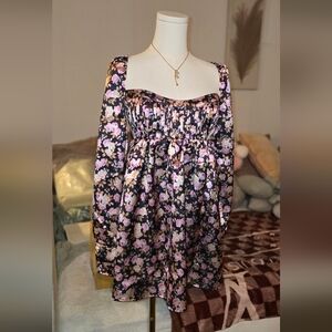 For Love & Lemons Black Floral Mini Dress with Pink and Cream Blossoms